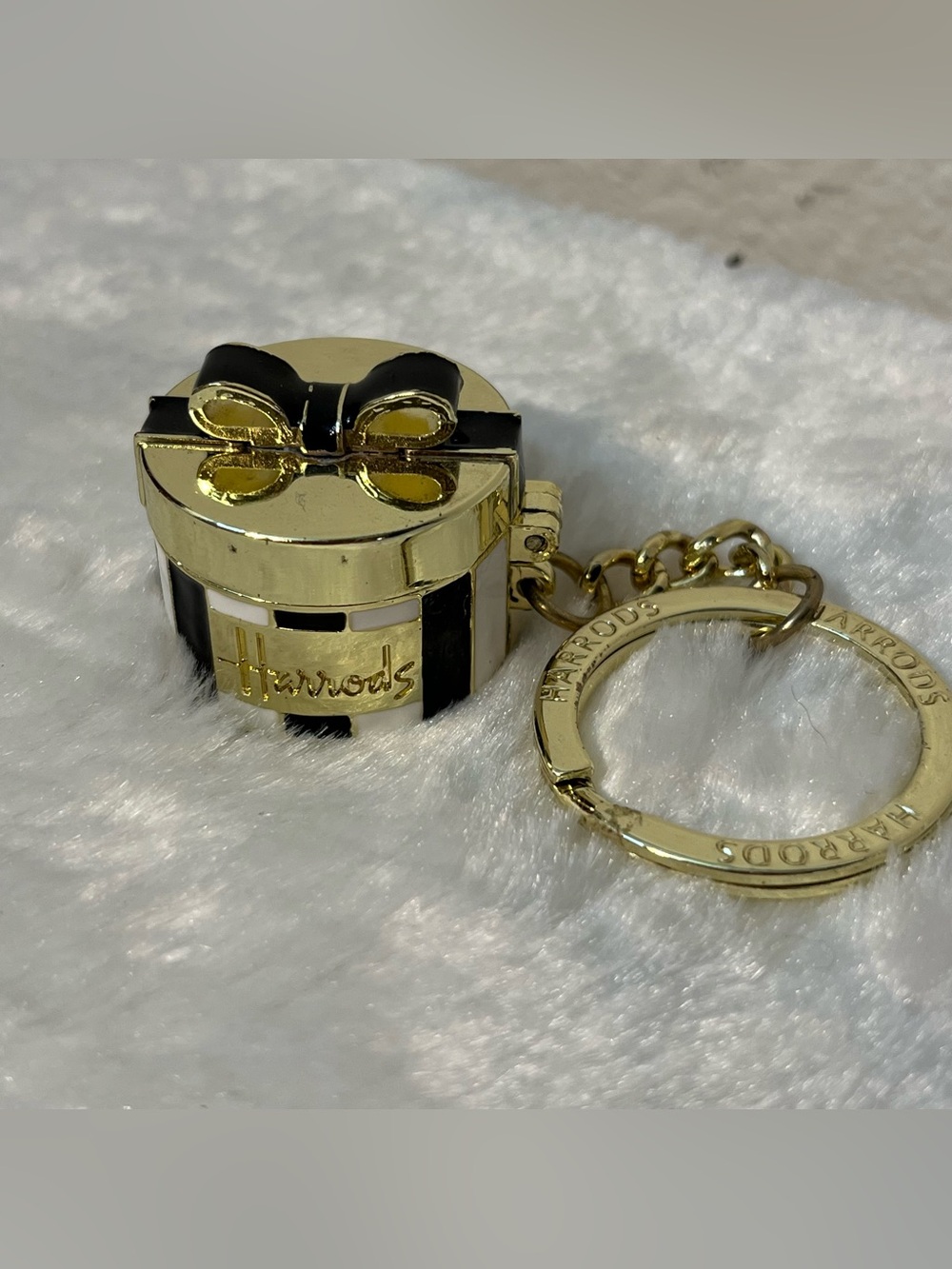 Harrod's Black & White Stripe Enamel Bow Pillbox Keychain Bag Charm